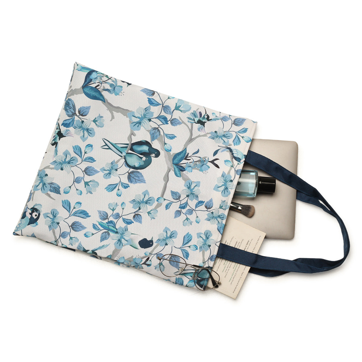 Bird-themed blue and white tote bag