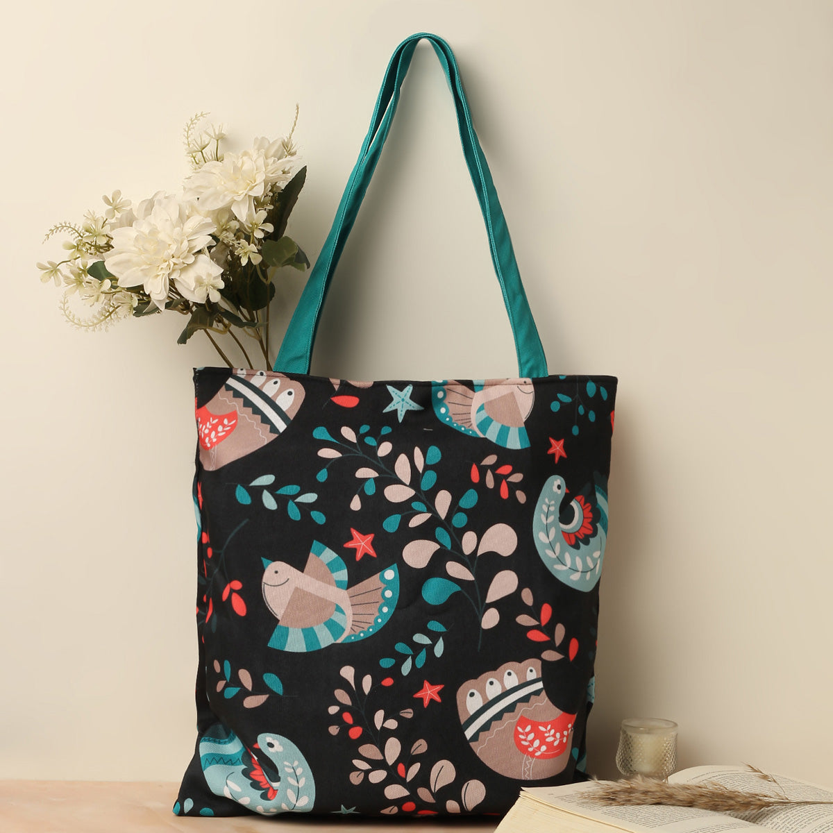  Colorful floral pattern tote bag, perfect for carrying essentials in style.