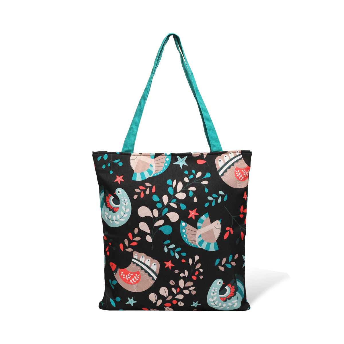 Elegant black and turquoise tote bag showcasing a beautiful print of birds and leaves, suitable for various occasions.