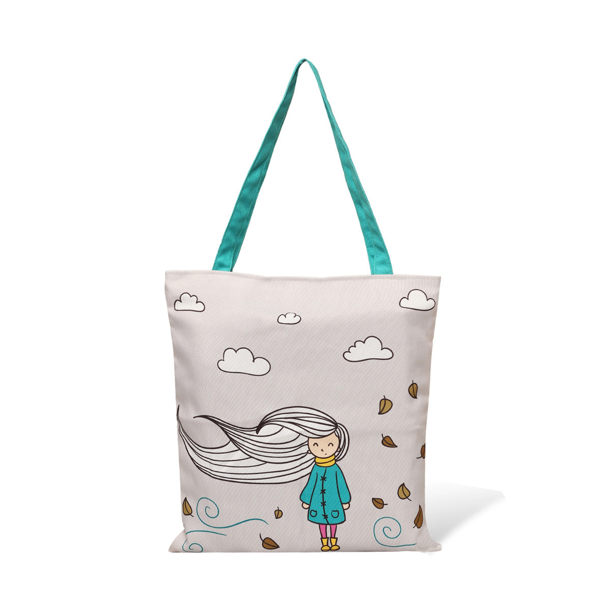 A vibrant tote bag adorned with a cartoon girl and soft clouds, combining fun design with practicality for daily activities.