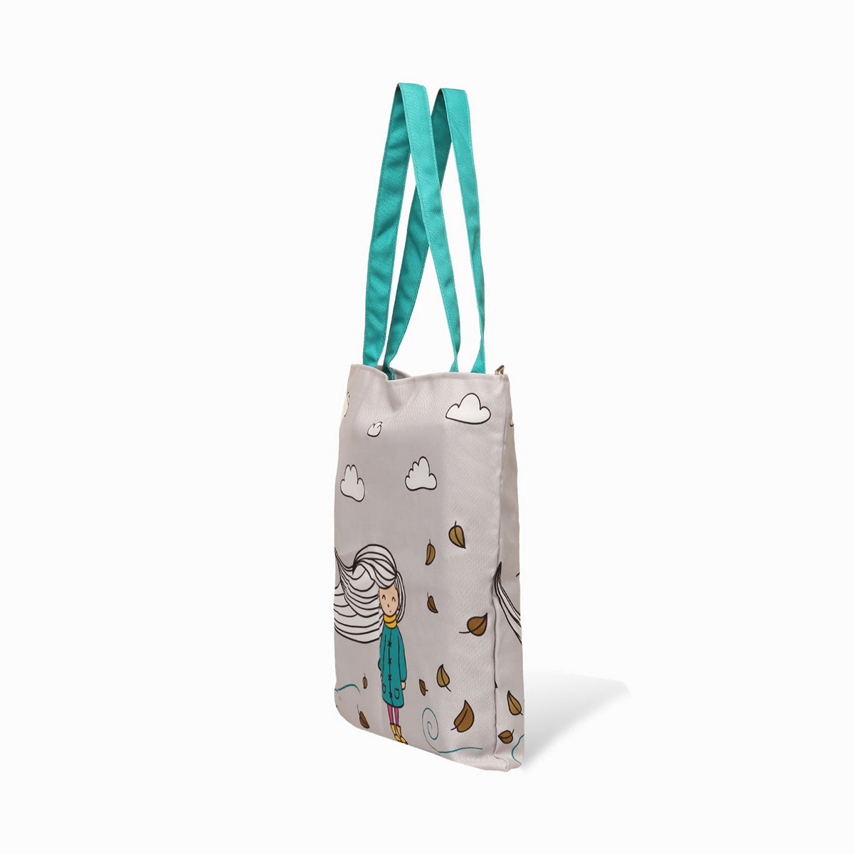 A charming tote bag displaying a cartoon girl amidst cheerful clouds, perfect for adding a playful touch to your look.