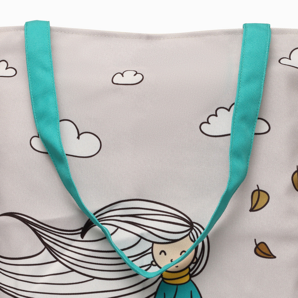 A delightful tote bag featuring a cartoon girl and fluffy clouds, blending creativity with functionality for everyday use.