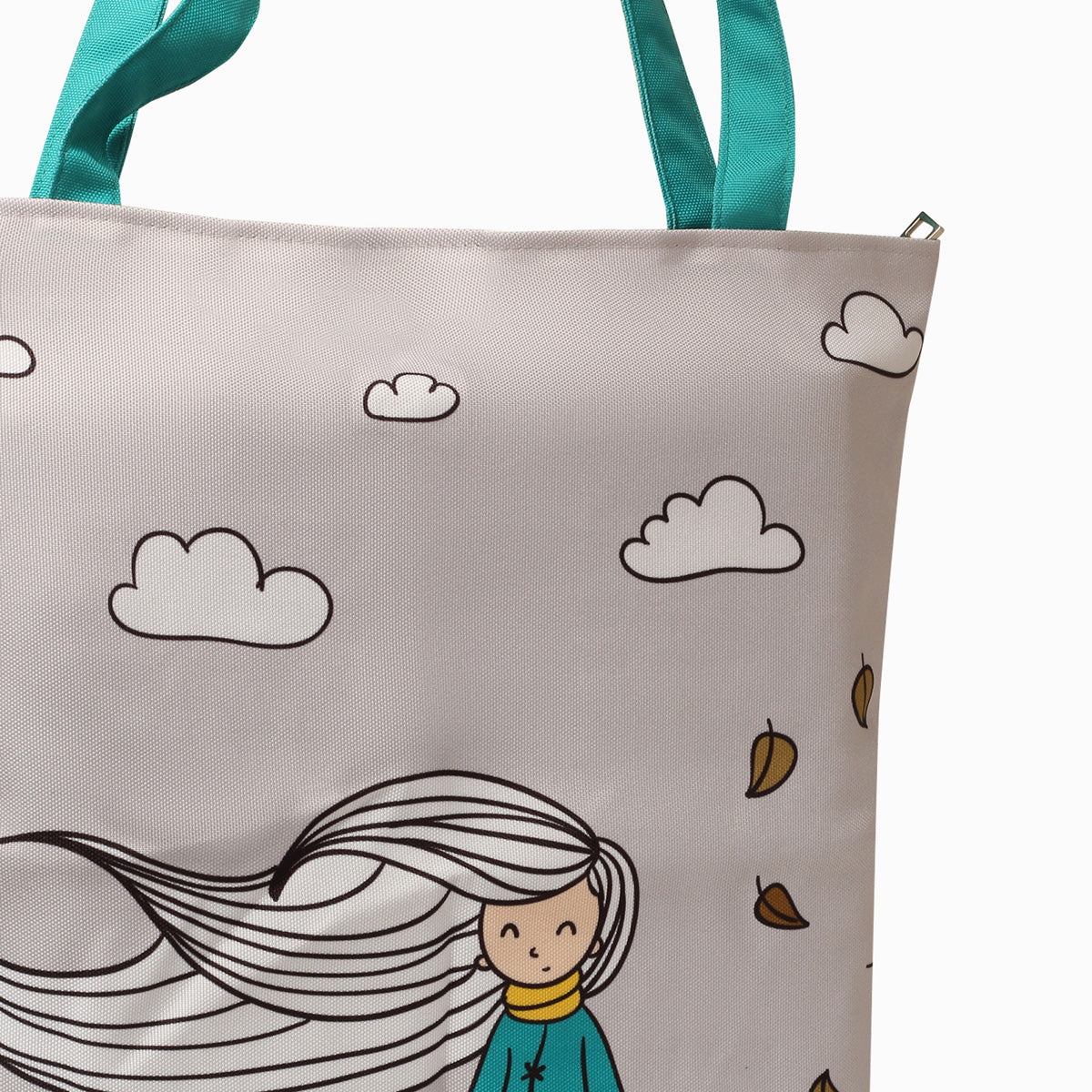 A tote bag featuring a cartoon girl with clouds in the background.