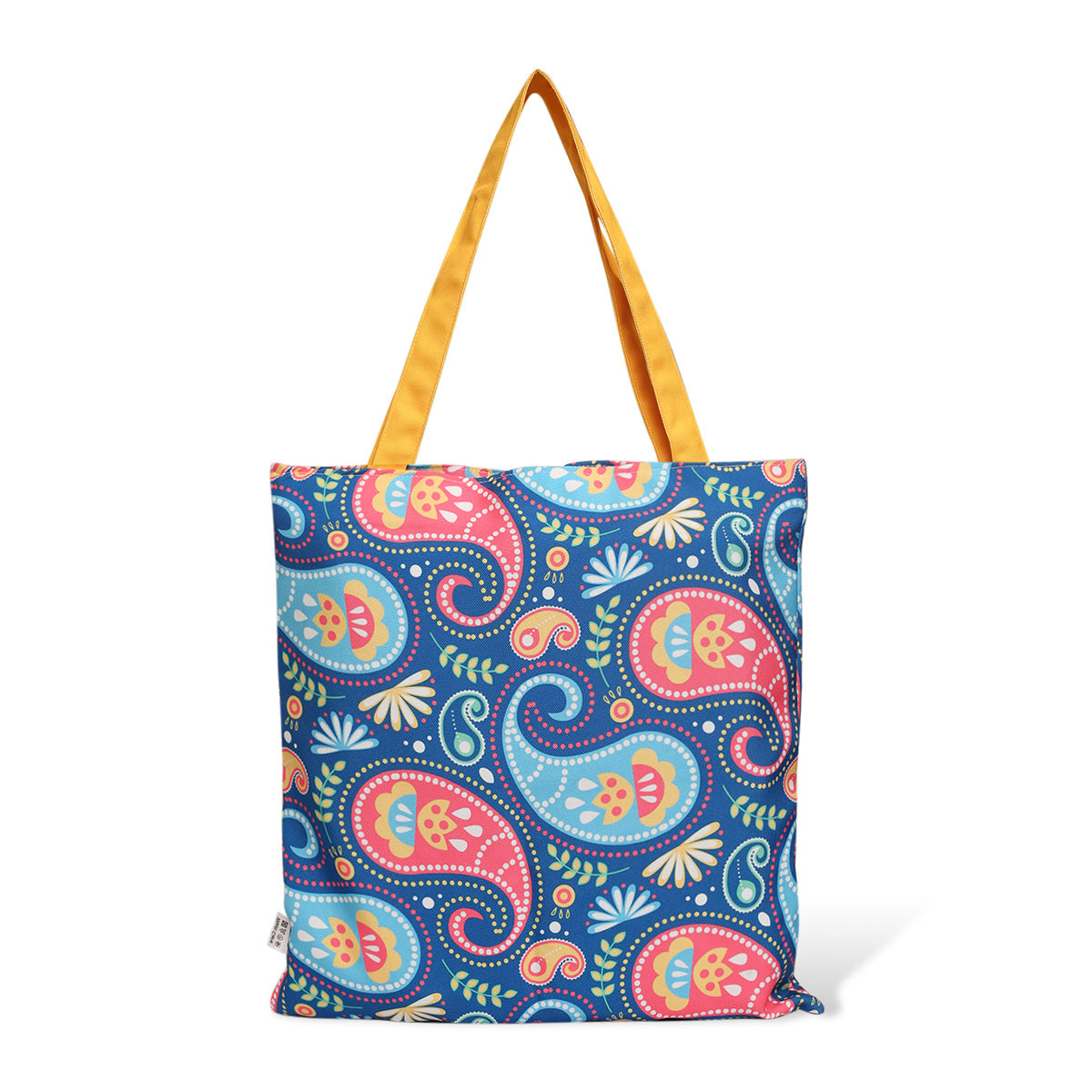 Eye-catching paisley design tote bag with bright yellow handles, a fashionable accessory for any occasion.