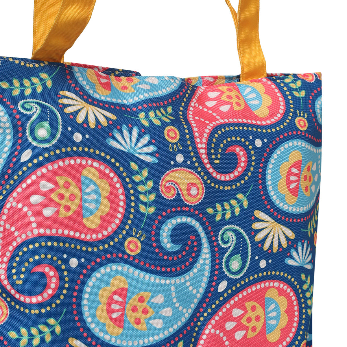 Stylish tote bag with colorful paisley pattern and yellow handles, a chic addition to your wardrobe.