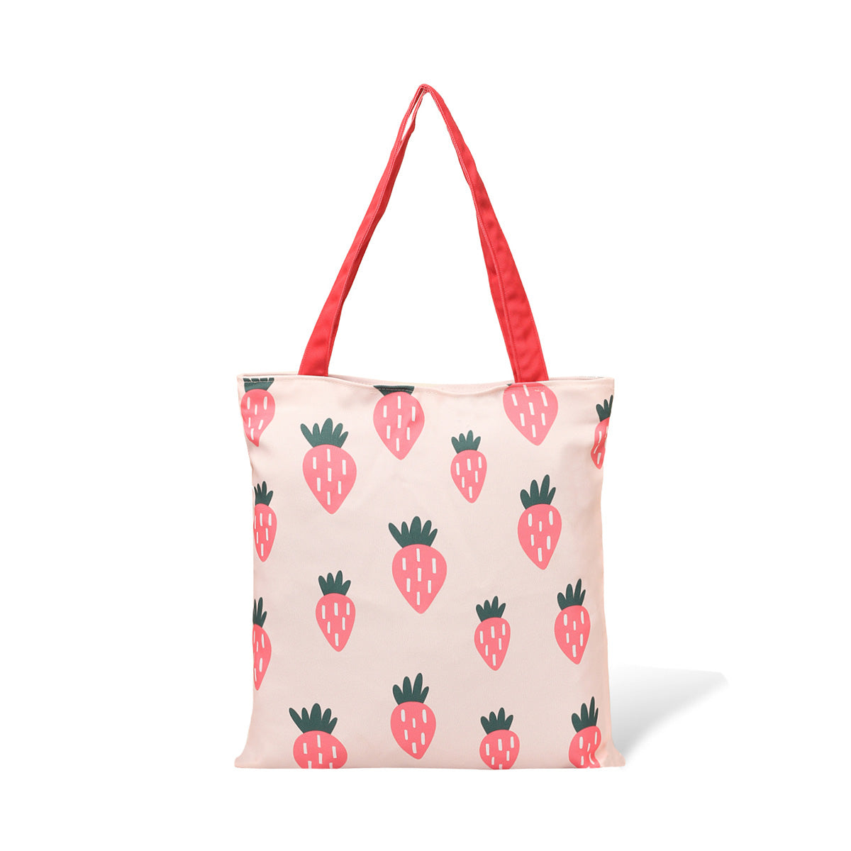 A charming pink tote bag decorated with strawberries, combining practicality and a cheerful design for everyday use.