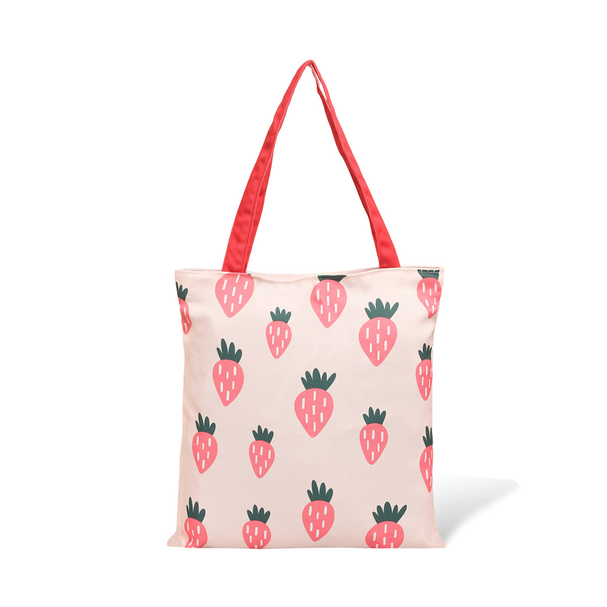 A delightful pink tote bag showcasing a strawberry motif, suitable for casual outings and adding flair to any outfit.