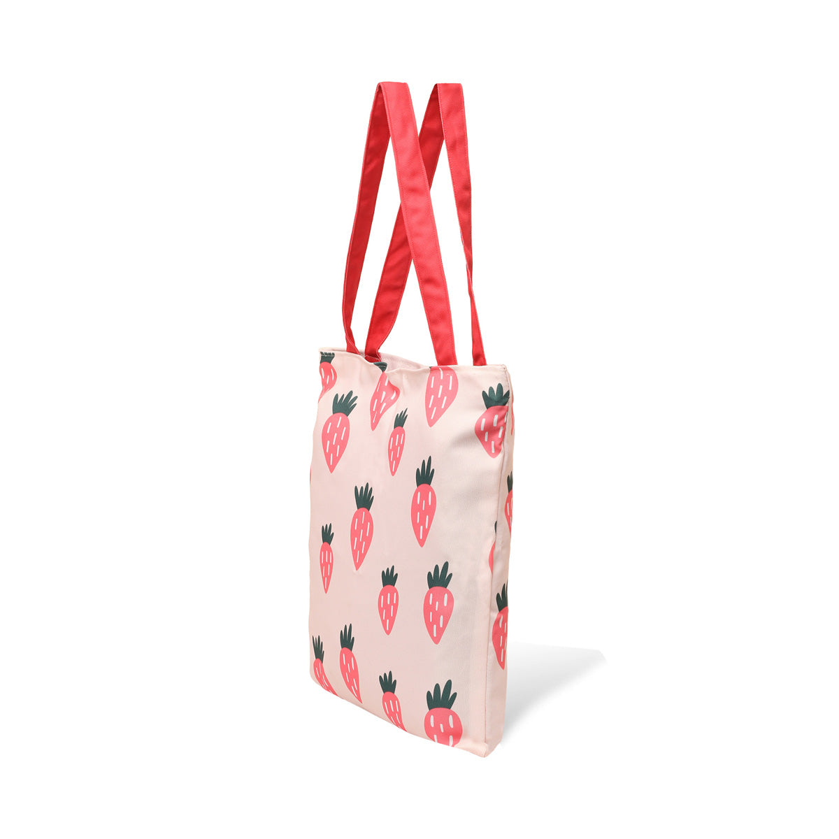 A trendy pink tote bag embellished with strawberries, offering a fun and functional accessory for daily errands.