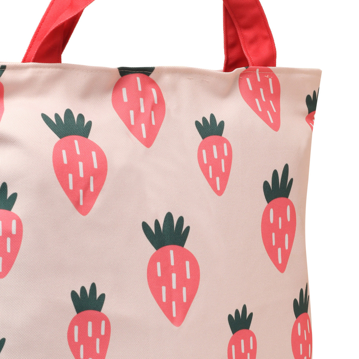 A stylish tote bag in pink and red hues adorned with strawberries, perfect for carrying essentials.