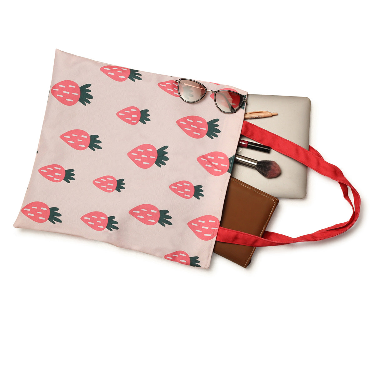 Pink and red tote bag featuring cute strawberries, ideal for adding a pop of color to your outfit.