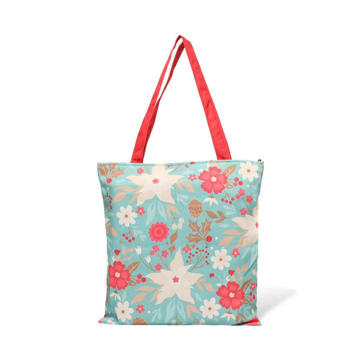 Tote bag adorned with red handles and a floral pattern.