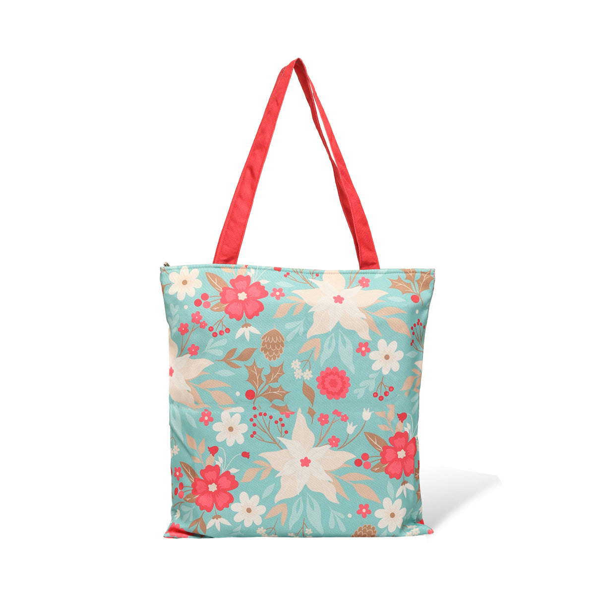 Red-handled tote bag with a stylish floral pattern.