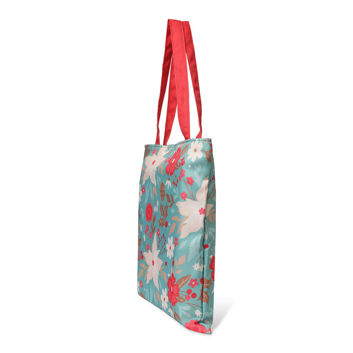 Stylish tote bag with red handles and a floral design.