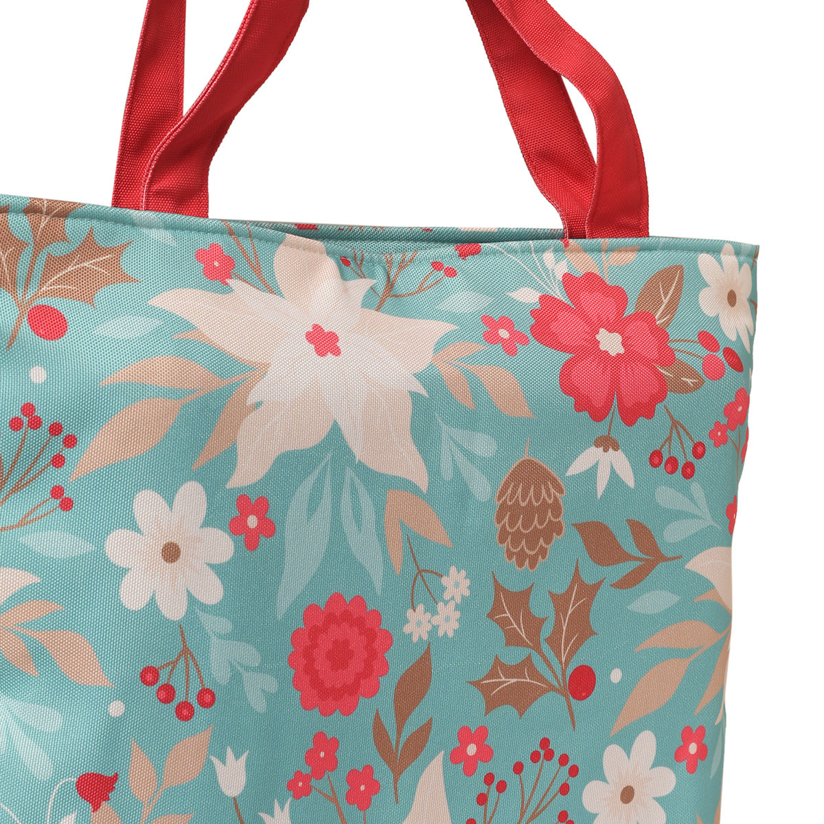 A floral print tote bag featuring vibrant flowers and striking red handles, perfect for stylish outings and everyday use.