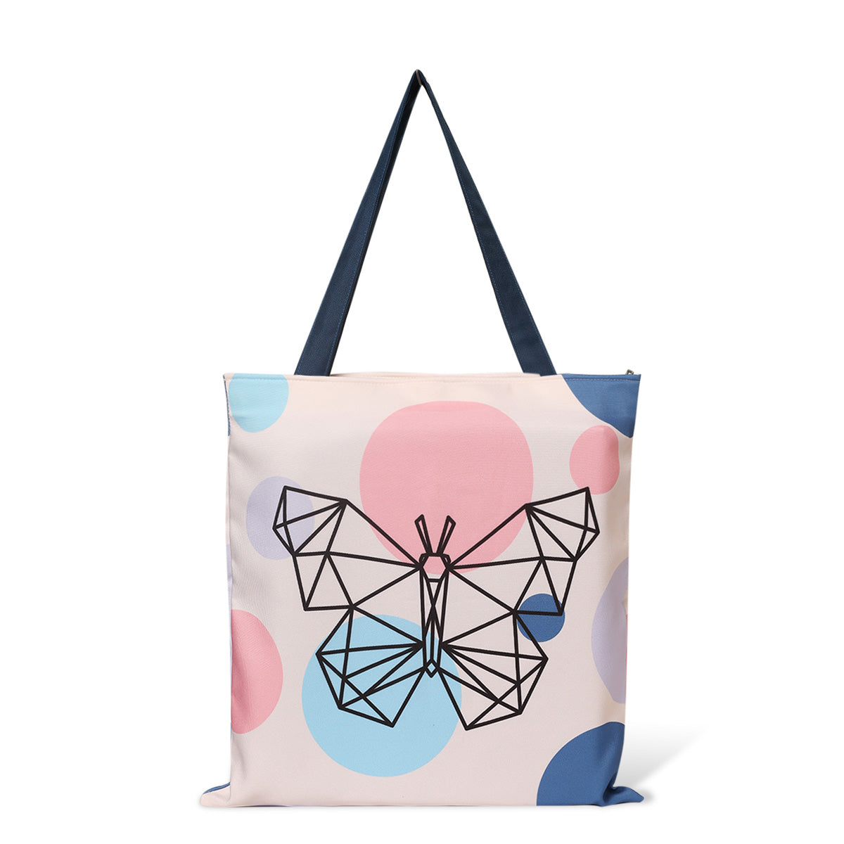 A delightful butterfly tote bag showcasing a fun pink, blue, and white polka dot print, great for shopping or outings.