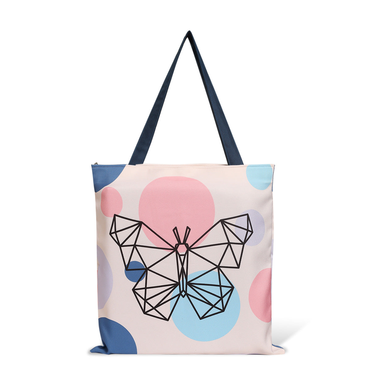  A cute butterfly tote bag with a cheerful pink, blue, and white polka dot pattern, perfect for adding flair to any outfit.