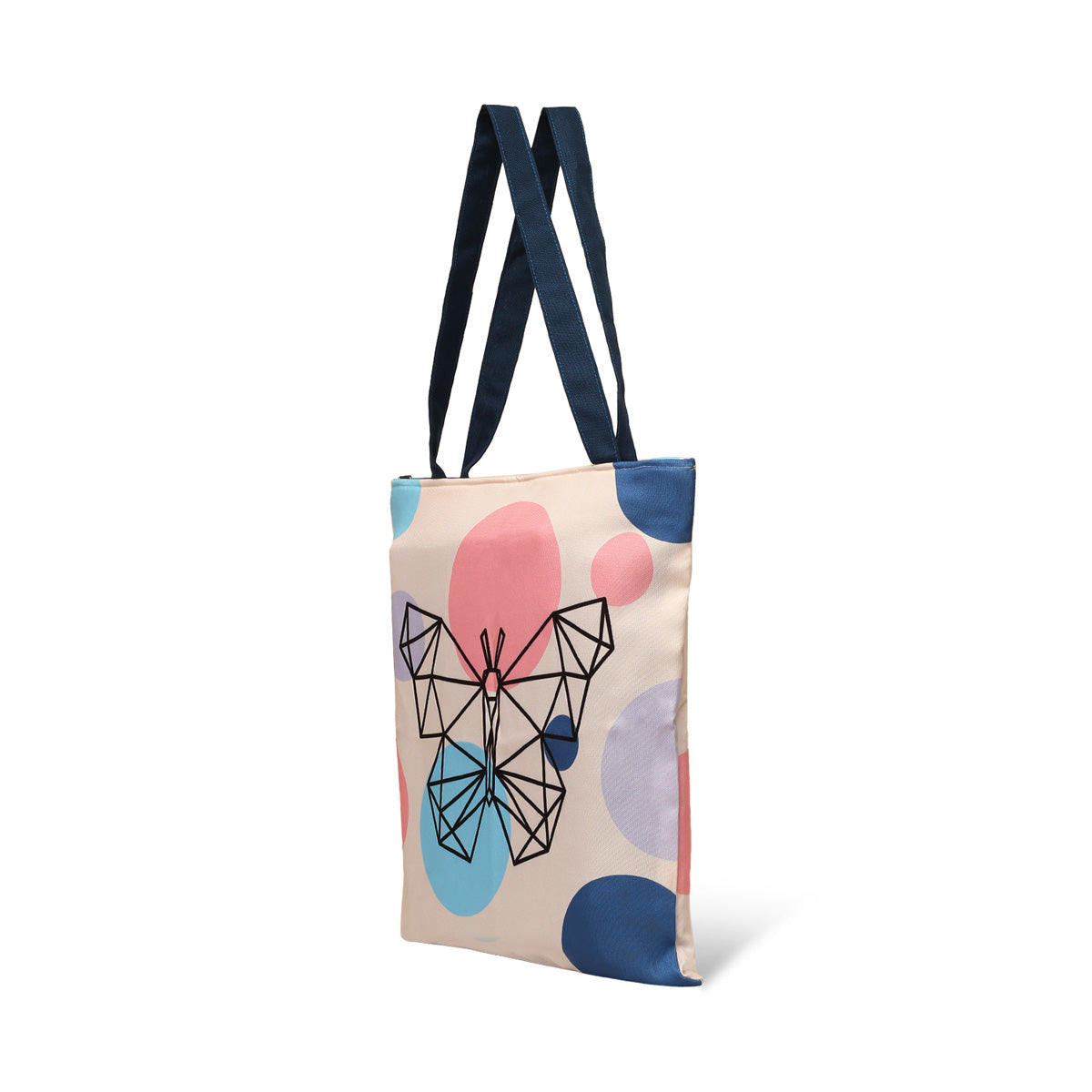 A lovely butterfly tote bag decorated with a whimsical pink, blue, and white polka dot design, perfect for casual adventures.