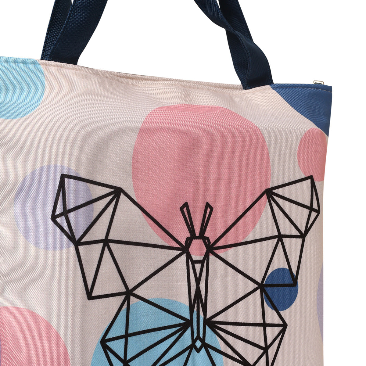 Fashionable tote bag with butterfly and geometric patterns.