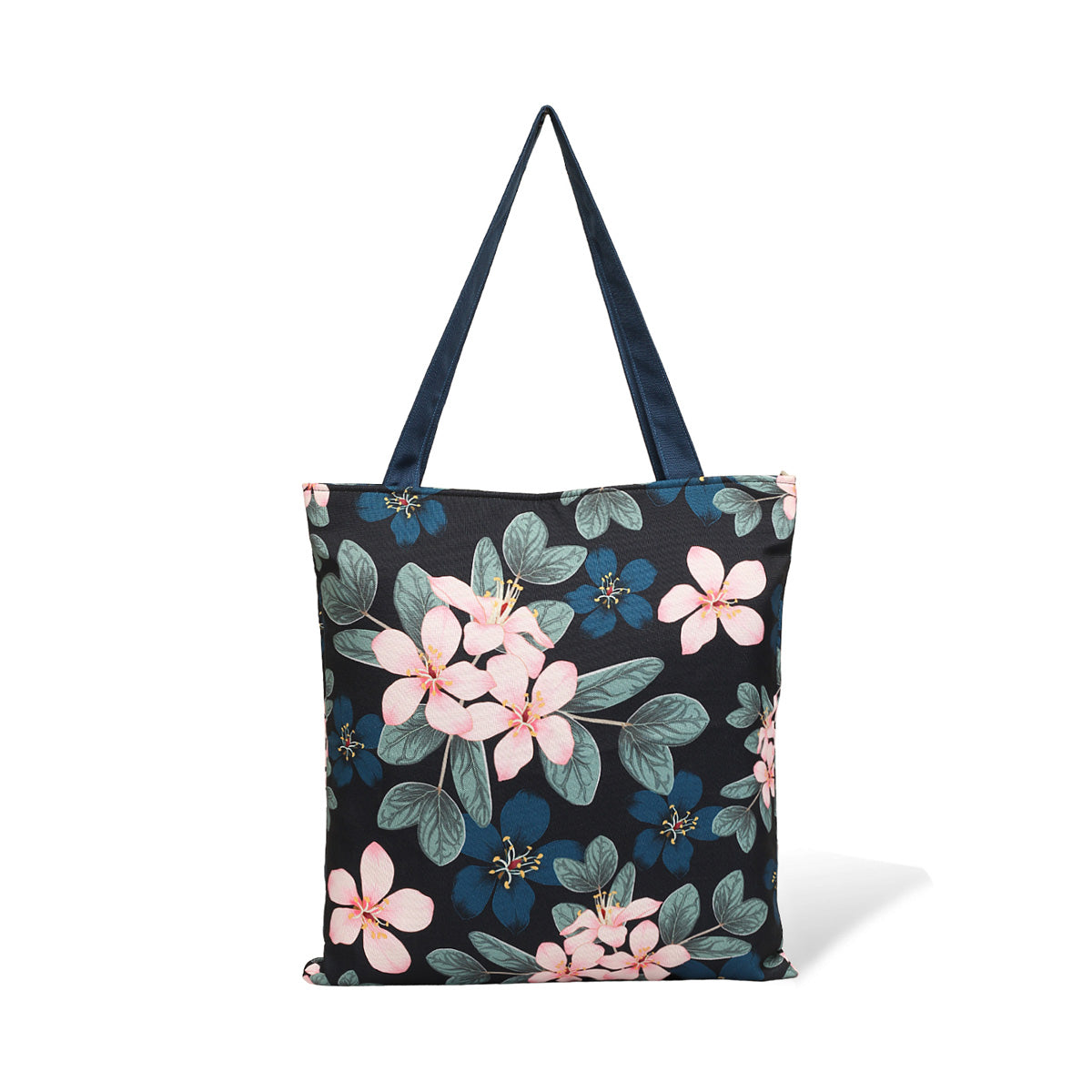 Stylish black and blue floral tote bag adorned with beautiful flowers, ideal for a fashionable accessory.