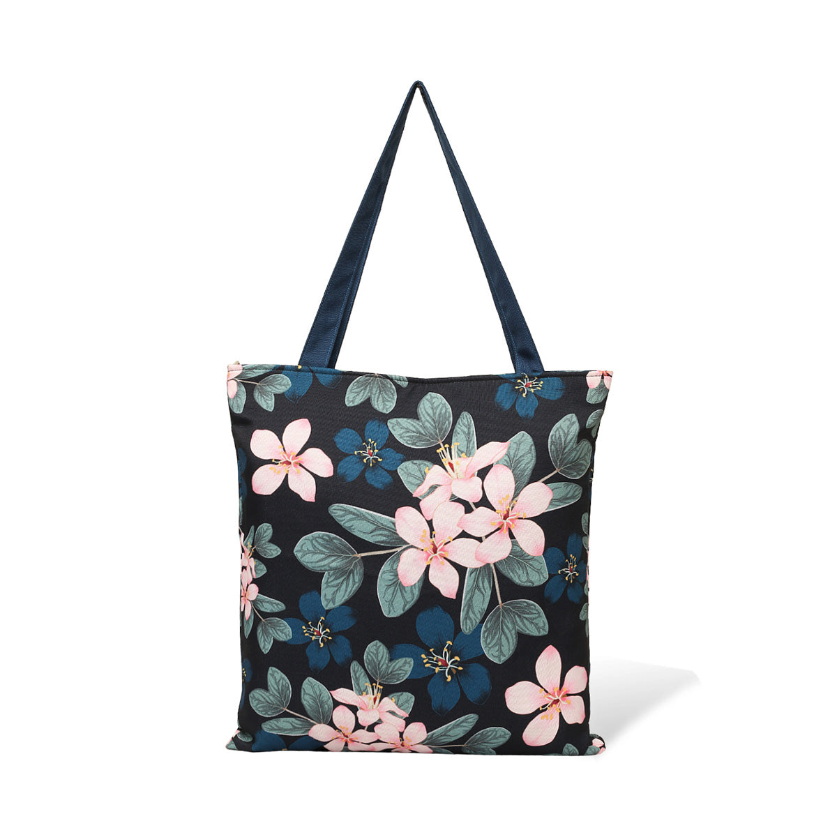 Elegant black and blue floral tote bag embellished with lovely flowers, a must-have for any fashionista.