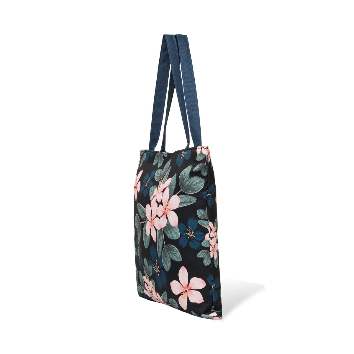 Fashionable black and blue floral tote bag decorated with pretty flowers, a versatile accessory for any occasion.