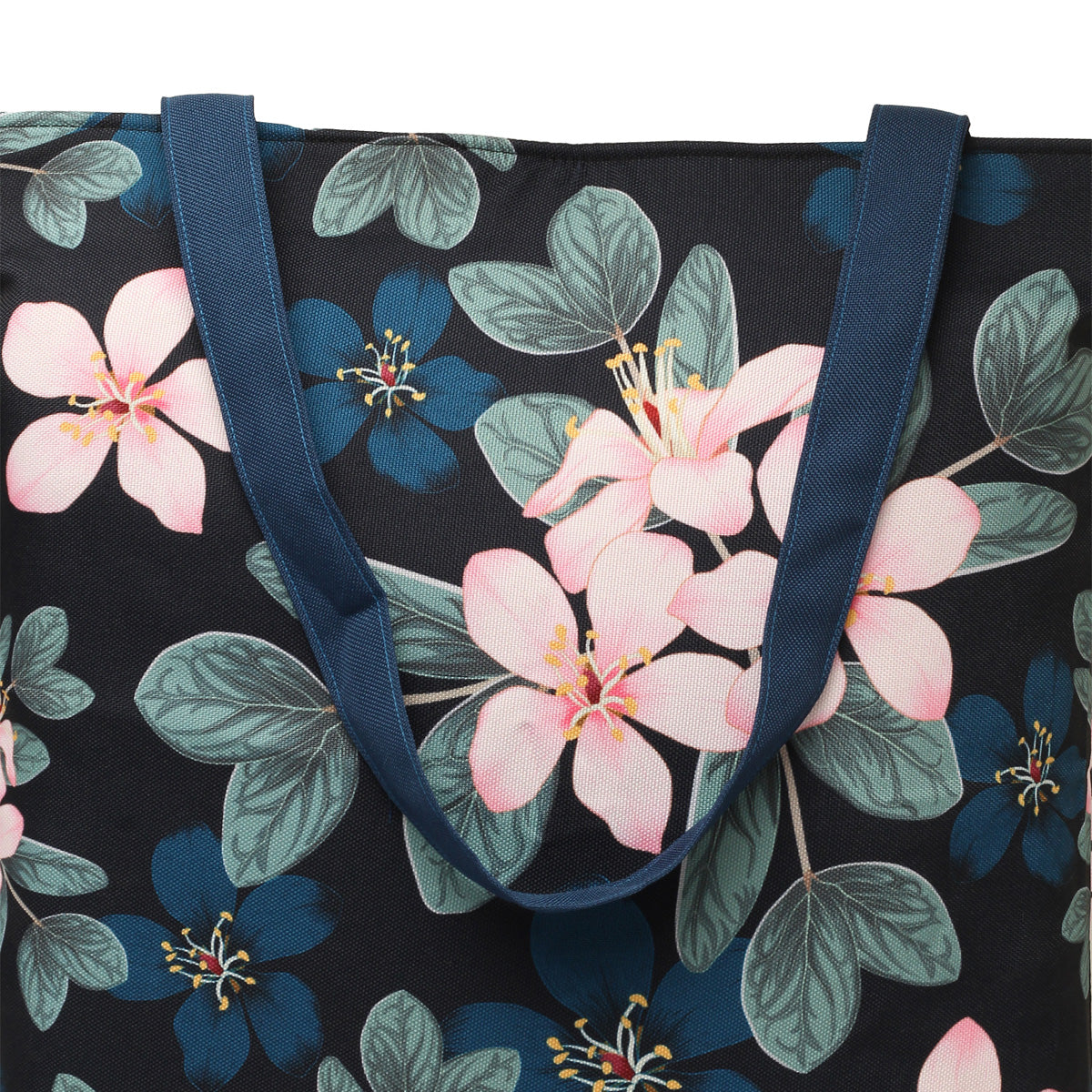  A stylish tote bag with a large floral print design.