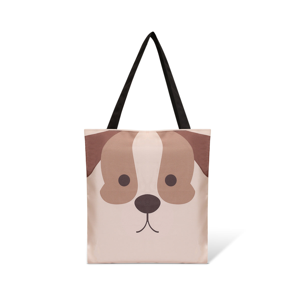  A tote bag featuring a brown and white dog's face, showcasing its expressive eyes and playful demeanor.