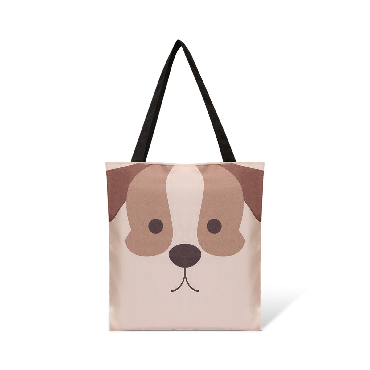 A stylish tote bag adorned with the face of a brown and white dog, highlighting its charming features and friendly expression.