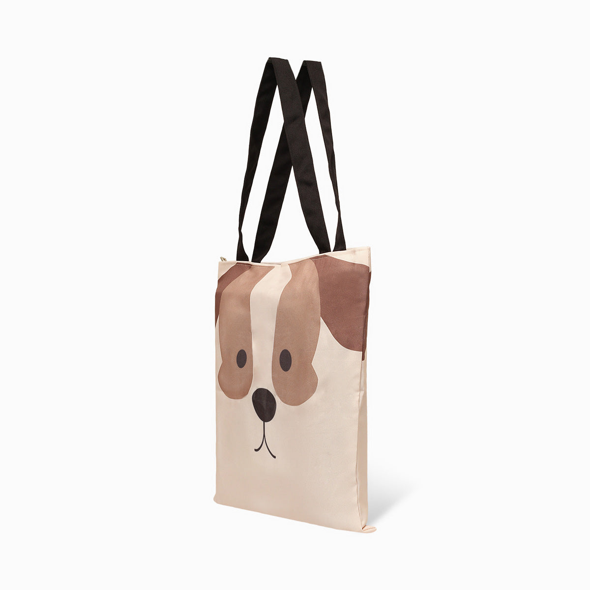  A tote bag displaying a brown and white dog's face, capturing its adorable expression and unique markings.