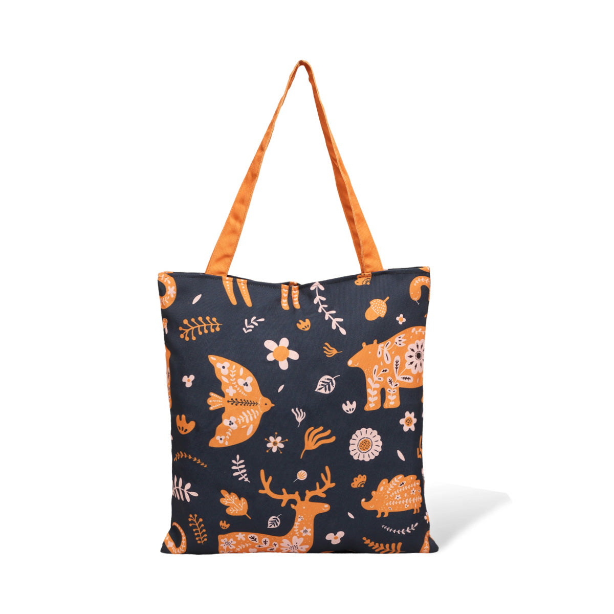 Trendy tote bag showcasing deer, flowers, and orange handle.