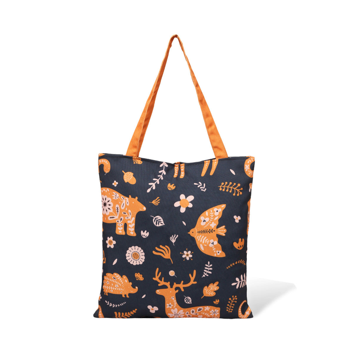 Fashionable tote bag with deer, flowers, and orange handle.