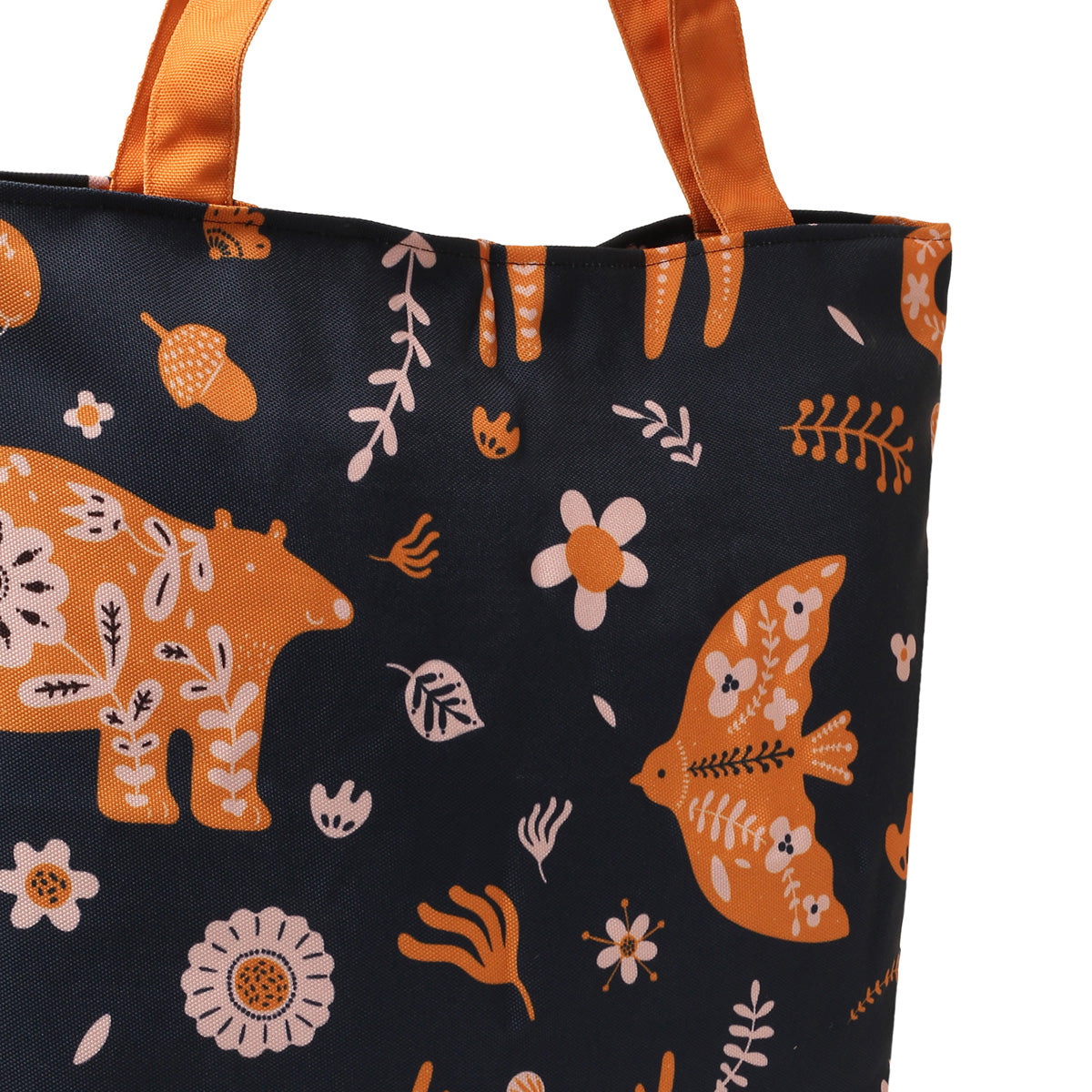  Stylish tote bag with vibrant orange and blue design.