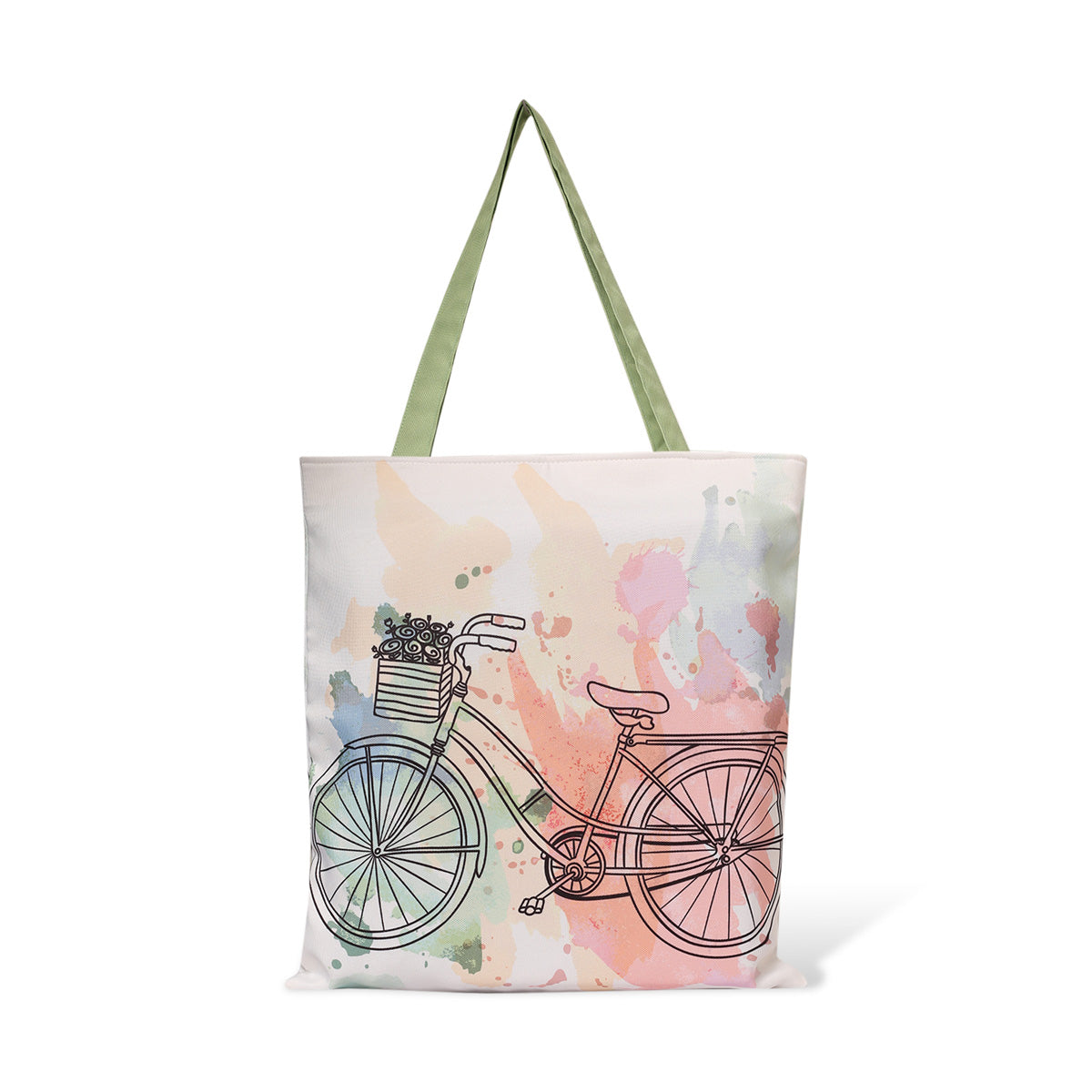 Tote Bags with pastel color print of cute vintage cycle with a green handle complimenting the overall design of the tote bag.