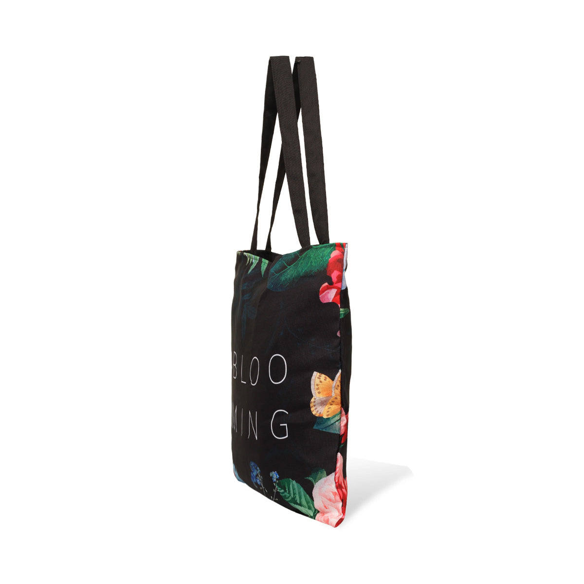 Stylish tote bag showcasing a variety of blooming flowers, perfect for a fashionable and nature-loving individual.