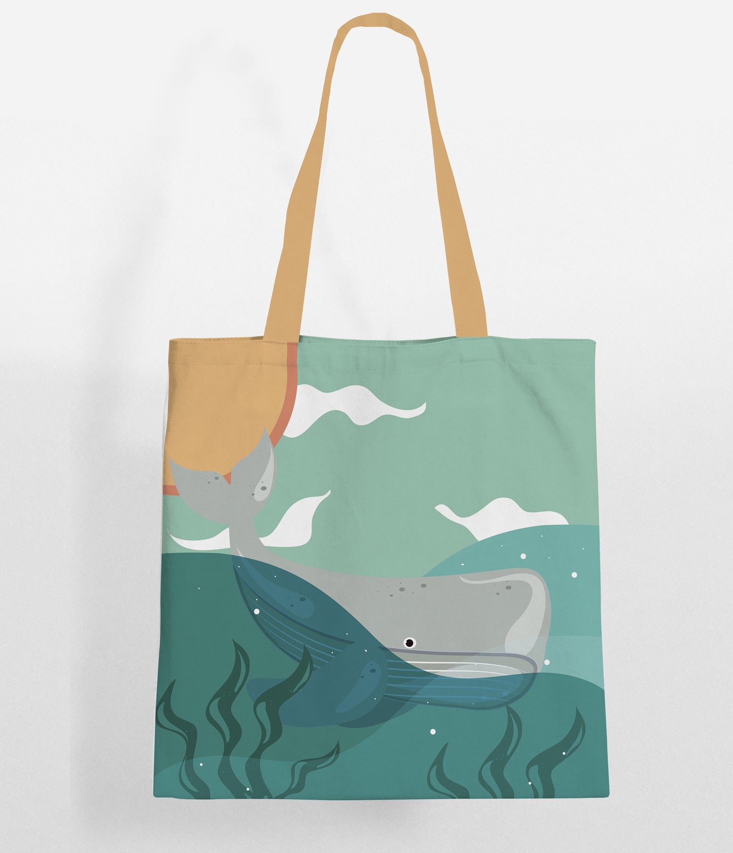 Tote Bag with a Print of a whale on the surface of the ocean where below is the sea with some corals and above is the sky with clouds and land. This tote bag is beautifully handmade with the color matching handle which can be used as a everyday shopping bag.