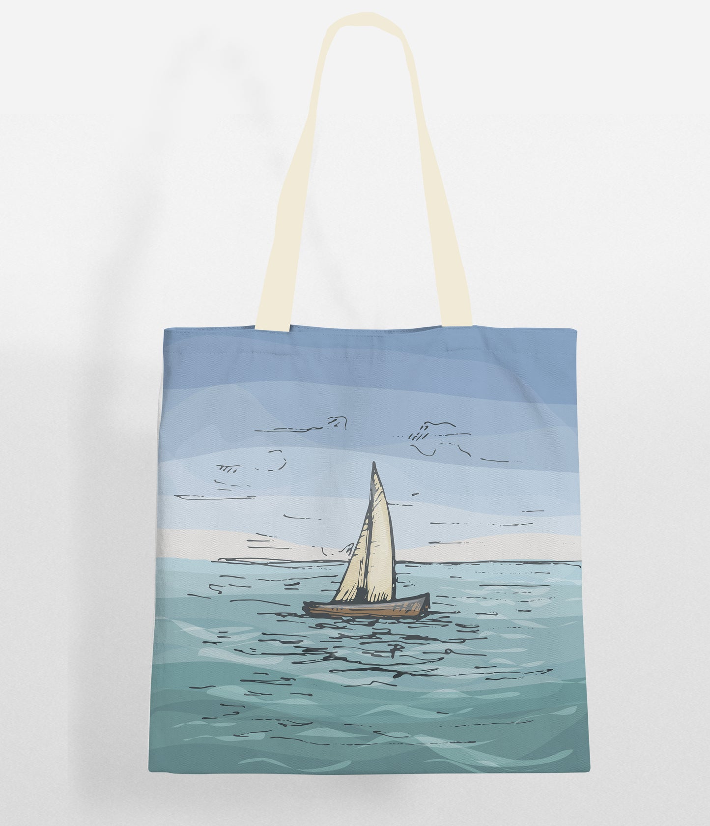 Tote bag with print of a boat sailing on the ocean with a beautifull picture of the sky and the ocean. Bag is blue and yellow in color with color matching handles.