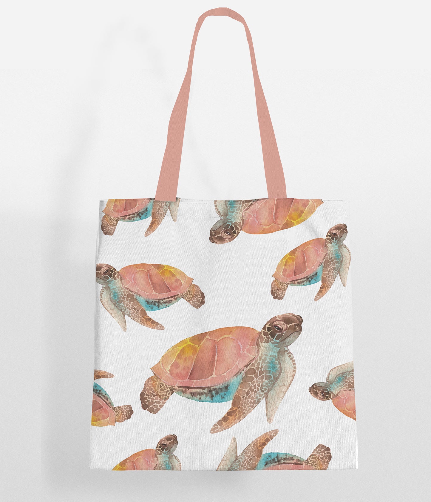 White color Tote Bag with pastel shade color turtle prints on the bag with a color matching handle. This bag is very handy in use for everyday task.