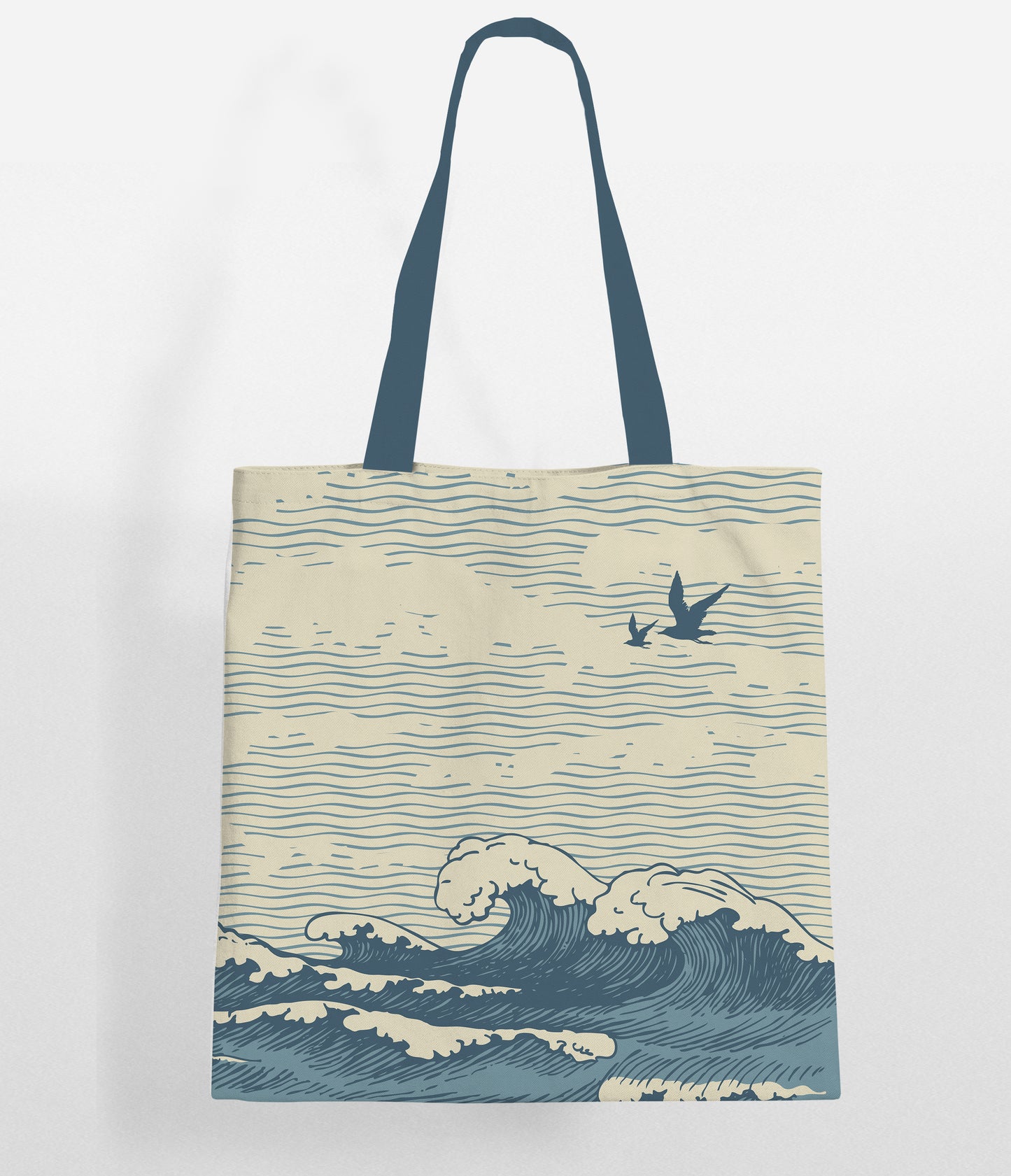 Blue & Beige Color Tote bag with prints of huge sea waves carrying out with a wide open sky above where birds are flying.