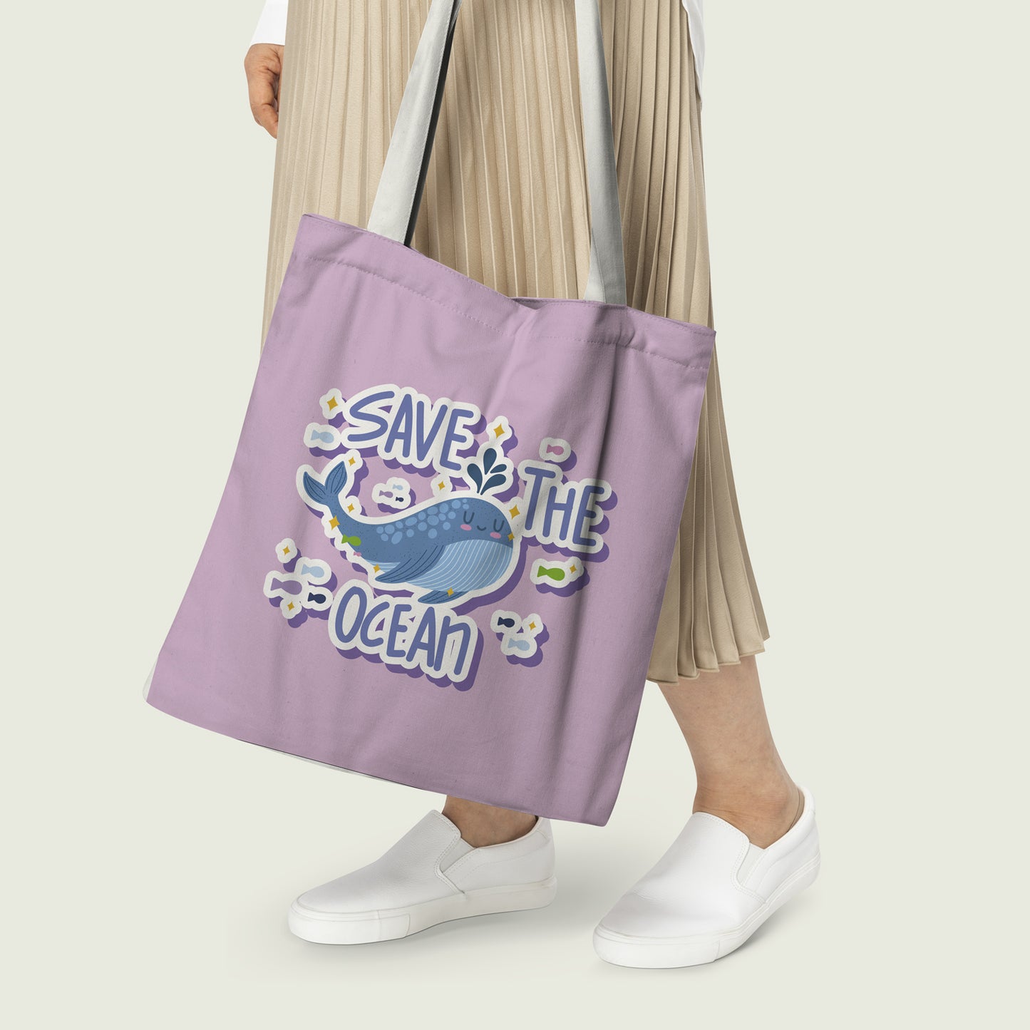 A colorful tote bag with a "Save the Ocean" message, ideal for carrying groceries or beach essentials while supporting marine life.