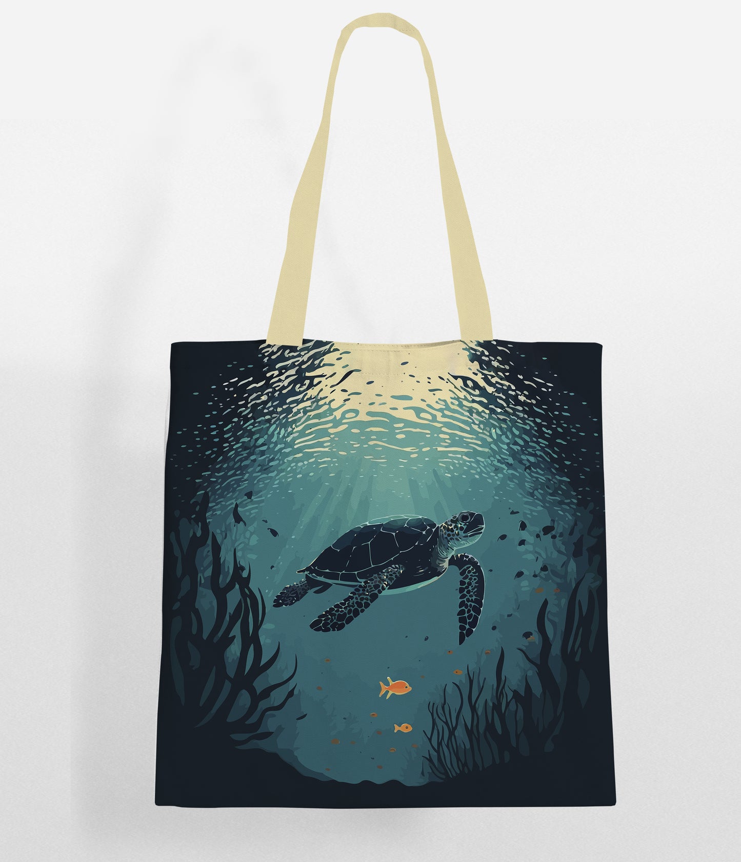  A tote bag featuring a vibrant sea turtle gracefully swimming through the clear blue ocean waters.